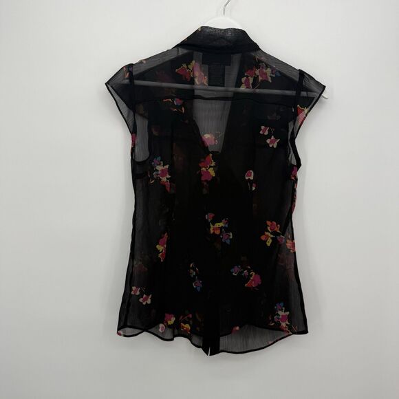 Attention Black Multi Floral Sheer Button Blouse Top Bow Tie Size XS - Picture 7 of 8